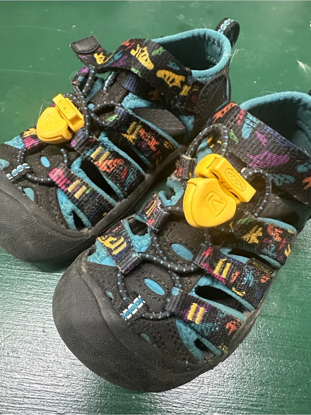 Keen Kids Black Sandals with Teal Lining & Yellow Toggles